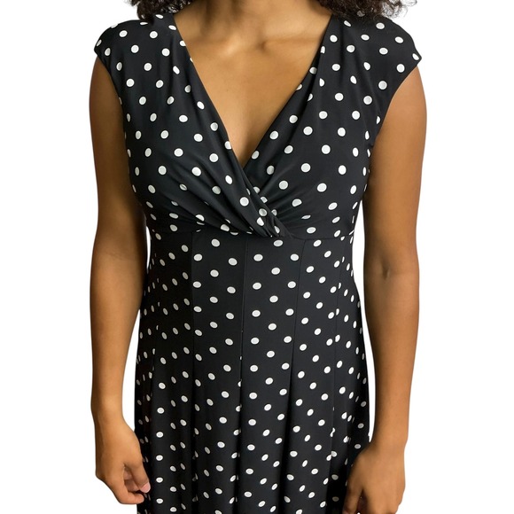 Lauren Ralph Lauren Black White Polka Dot V Neck Midi Dress Career Size 12 - Picture 1 of 12
